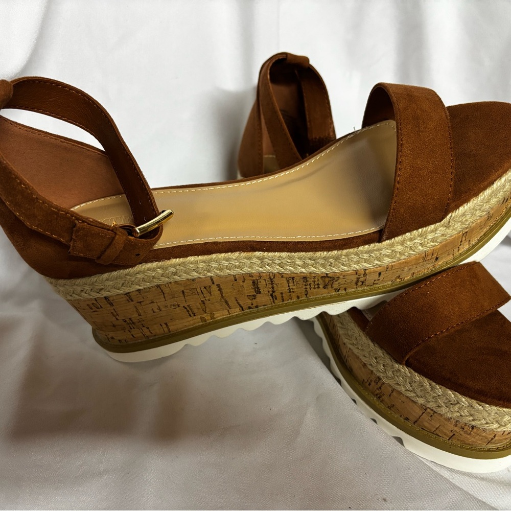 Brown Wedge Sandals with Suede Upper and Ankle Strap